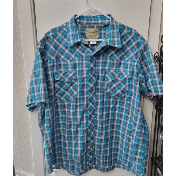 Wrangler Pearl Snap Western Turquoise White Plaid Short Sleeve Men's Shirt 2XL - Picture 1 of 5